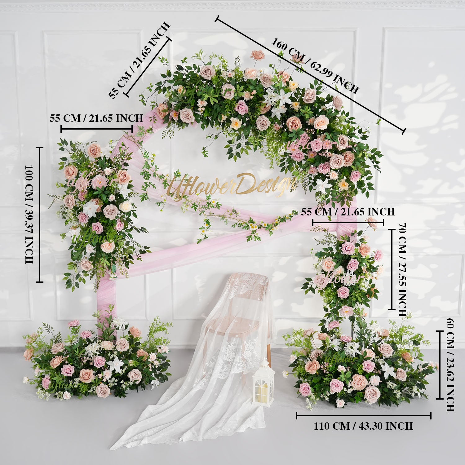 Uflower Champagne Pink Rose Green Leaf Hang Flower Floor Floral Wedding Party Event Props